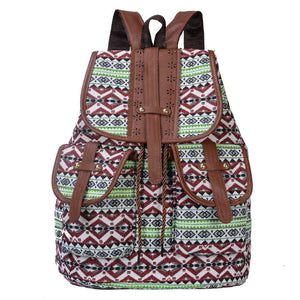 Elosung Green Bohemian Style Canvas Backpack Vintage Tribal Pattern Travel Bag With Leather Straps