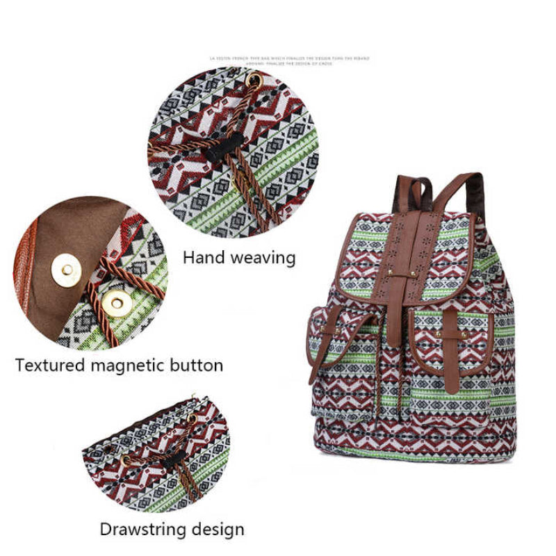 Elosung Green Bohemian Style Canvas Backpack Vintage Tribal Pattern Travel Bag With Leather Straps