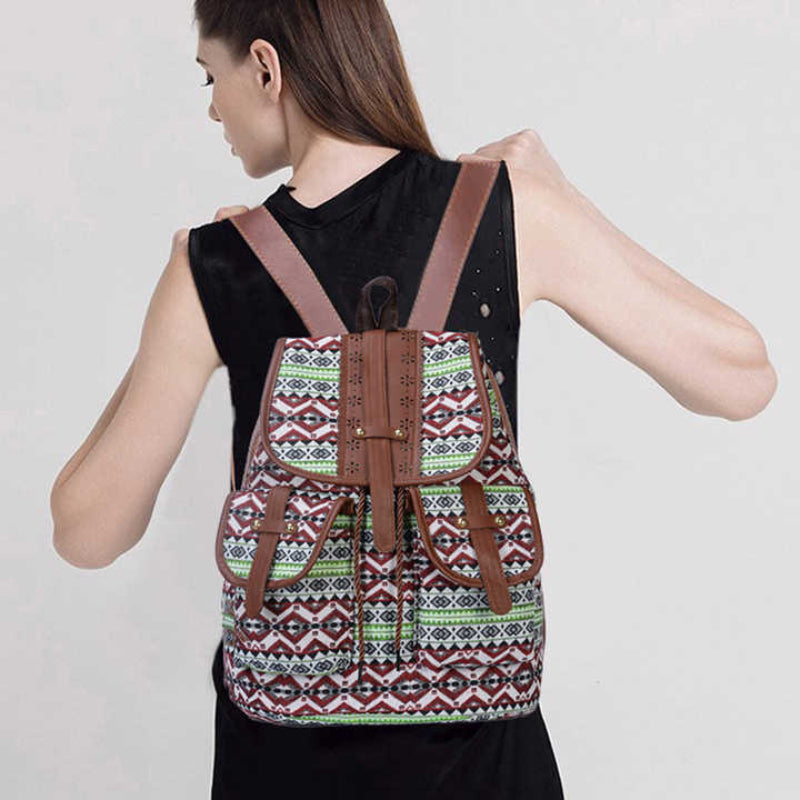 Elosung Green Bohemian Style Canvas Backpack Vintage Tribal Pattern Travel Bag With Leather Straps