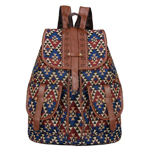 Lozenge Pattern Bohemian Style Canvas Backpack Vintage Tribal Travel Bag With Leather Straps