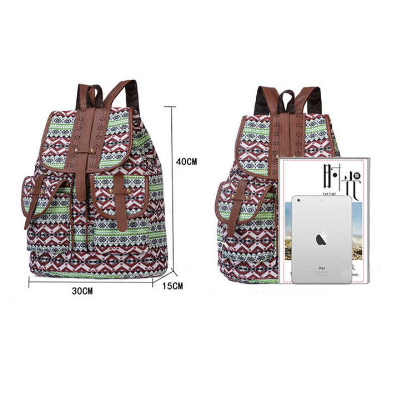 Lozenge Pattern Bohemian Style Canvas Backpack Vintage Tribal Travel Bag With Leather Straps