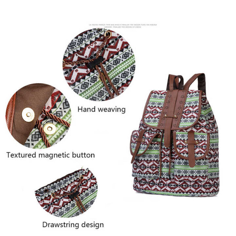 Lozenge Pattern Bohemian Style Canvas Backpack Vintage Tribal Travel Bag With Leather Straps