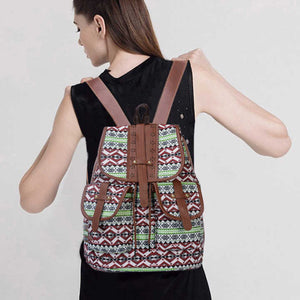 Lozenge Pattern Bohemian Style Canvas Backpack Vintage Tribal Travel Bag With Leather Straps