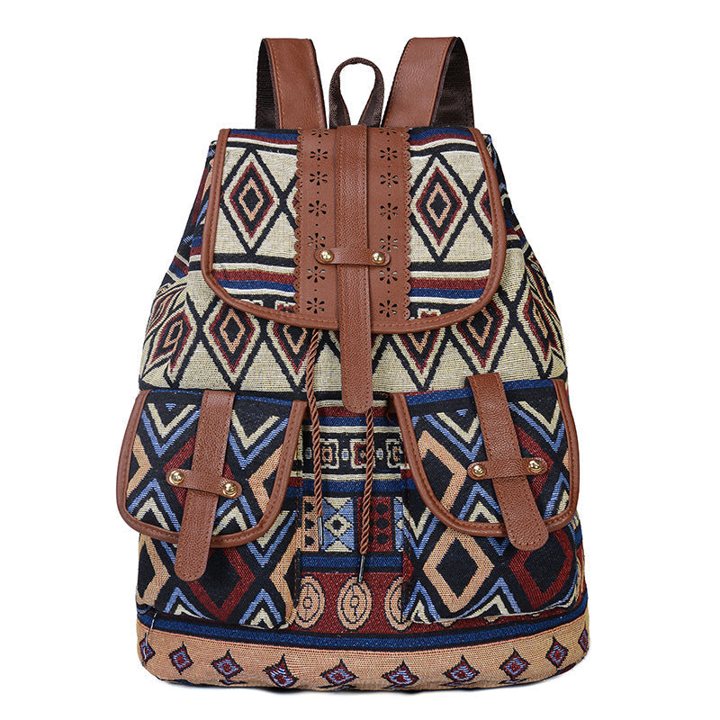 Circular Pattern Bohemian Style Canvas Backpack Vintage Tribal Travel Bag With Leather Straps