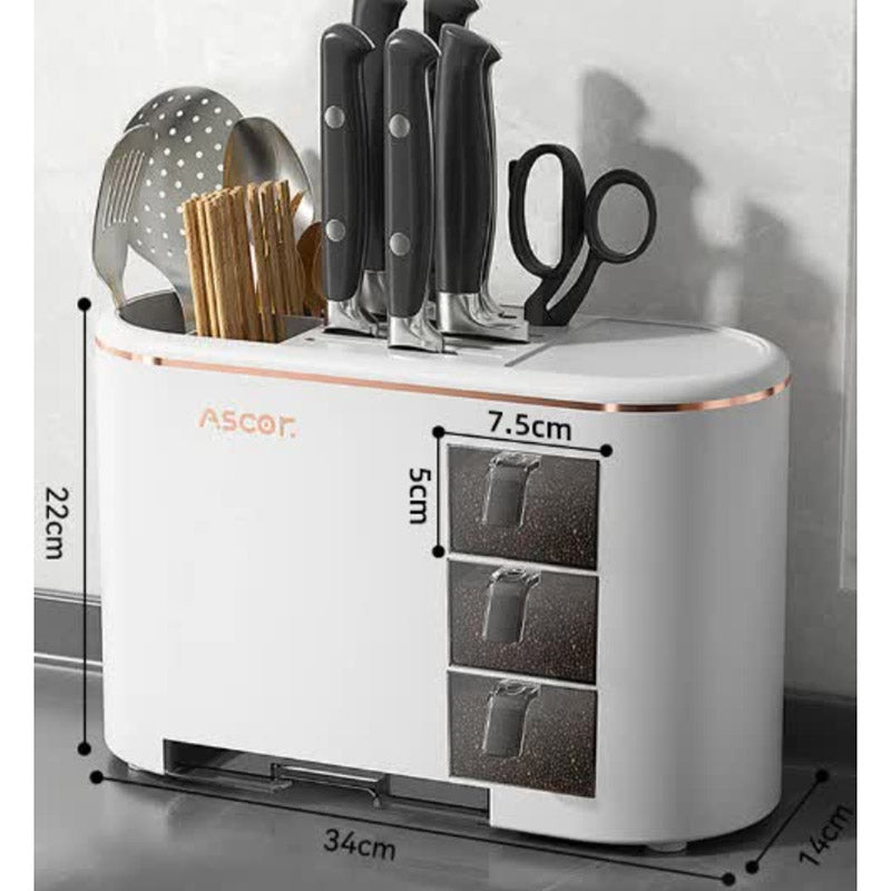 White All In One Kitchen Knife And Utensil Holder Multi Functional Organizer With Storage Drawers