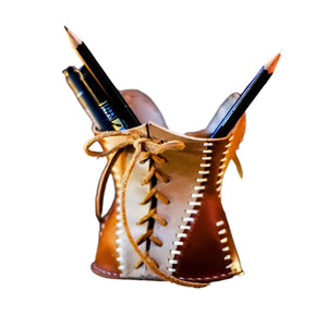 Yellow Leather Corset Pencil Holder Handmade Vintage Desktop Organizer