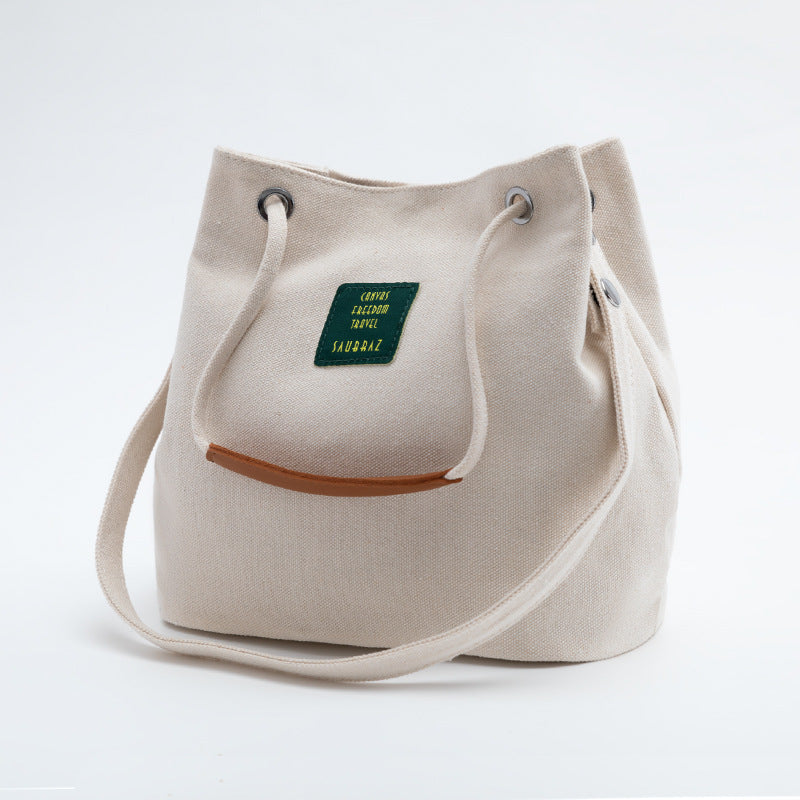 Beige Canvas Bucket Tote Bag With Leather Handle