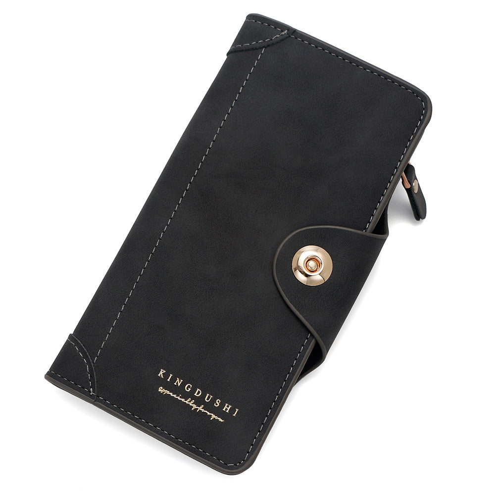 Black Women's Long Zipper Wallet With Button Closure Pu Leather Multi Compartment Clutch Purse