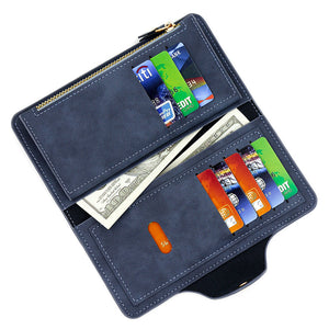 Black Women's Long Zipper Wallet With Button Closure Pu Leather Multi Compartment Clutch Purse