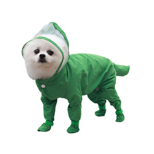 Green Waterproof Full Cover Pet Raincoat With Hood And Booties