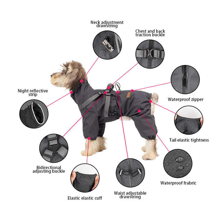 Laser Adjustable Waterproof Reflective Dog Raincoat With Harness Design