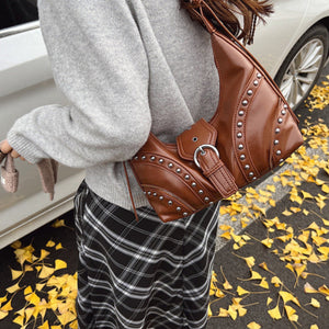 Red Vintage Studded Pu Leather Shoulder Bag With Adjustable Strap