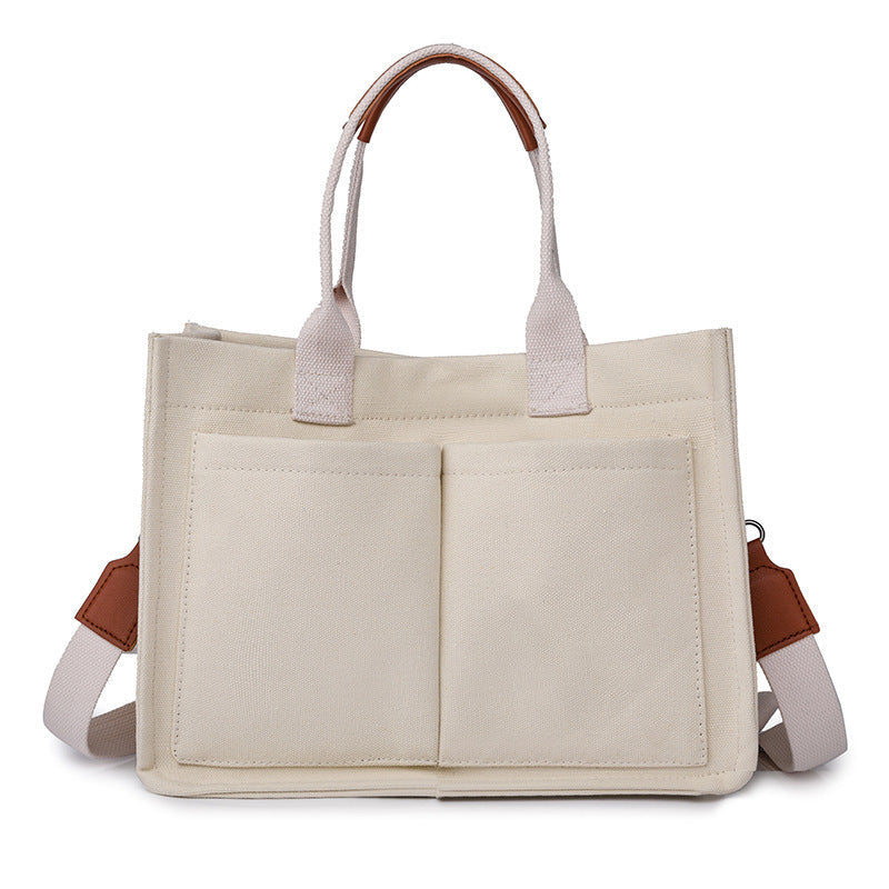 White Stylish Canvas Briefcase Tote Bag With Large Capacity For Women