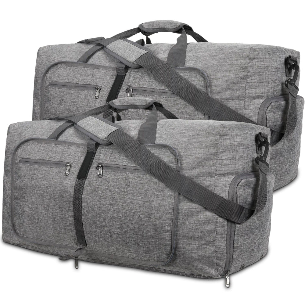 Grey Large Foldable Travel Duffel Bag With Shoe Compartment And Carry Pouch Lightweight Durable Spacious