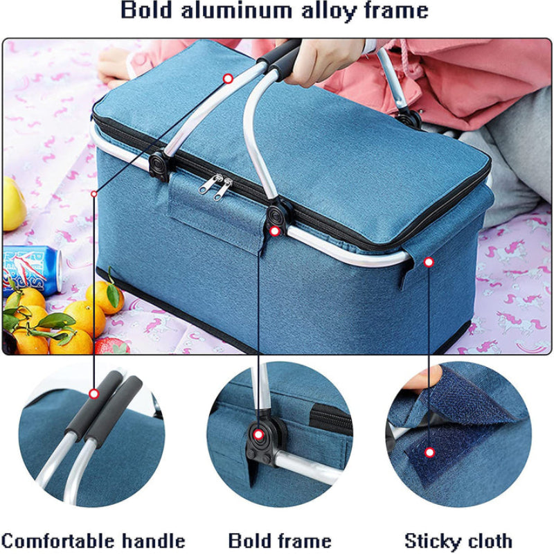 Grey Portable Aluminum Foil Insulated Picnic Basket With Zipper Lid 40X20x23cm