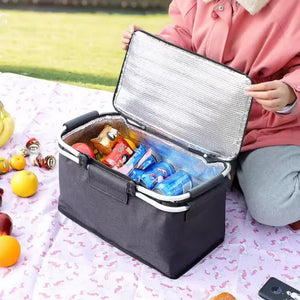 Grey Portable Aluminum Foil Insulated Picnic Basket With Zipper Lid 40X20x23cm