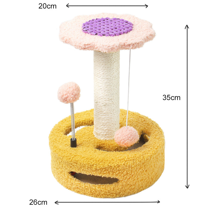 Yellow Pink Interactive Cat Scratching Post With Playful Ball Toys Flower Design 35Cm Height 26Cm Base