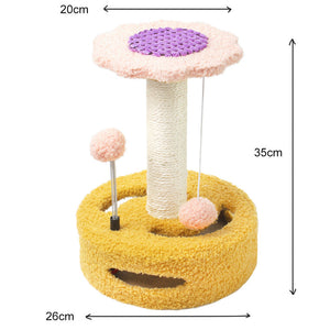 Yellow Pink Interactive Cat Scratching Post With Playful Ball Toys Flower Design 35Cm Height 26Cm Base