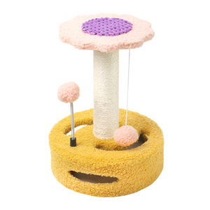 Yellow Pink Interactive Cat Scratching Post With Playful Ball Toys Flower Design 35Cm Height 26Cm Base