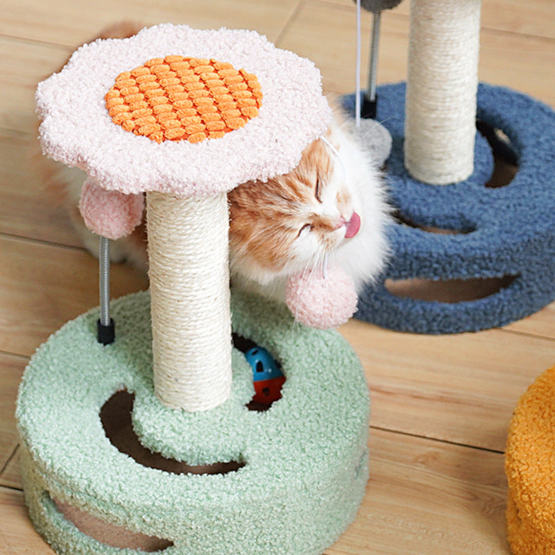 Yellow Pink Interactive Cat Scratching Post With Playful Ball Toys Flower Design 35Cm Height 26Cm Base