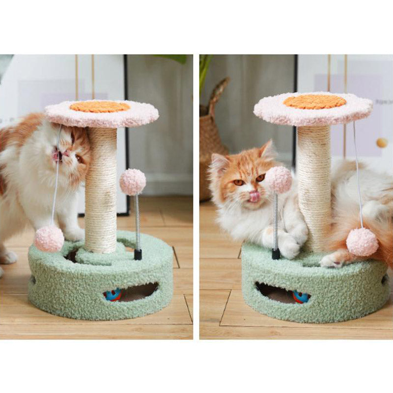 Yellow Pink Interactive Cat Scratching Post With Playful Ball Toys Flower Design 35Cm Height 26Cm Base