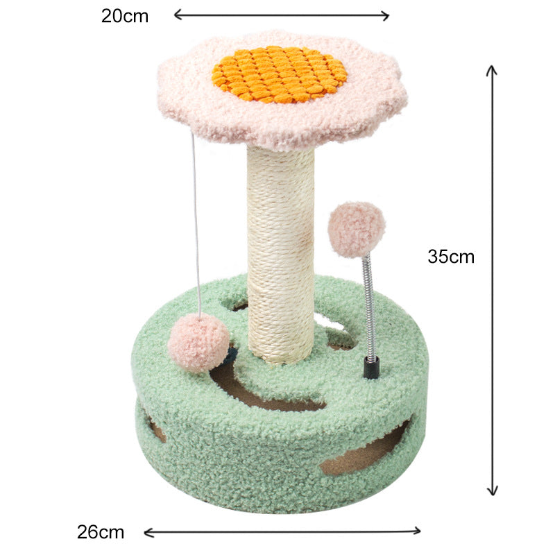 Green Pink Interactive Cat Scratching Post With Playful Ball Toys Flower Design 35Cm Height 26Cm Base