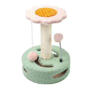 Green Pink Interactive Cat Scratching Post With Playful Ball Toys Flower Design 35Cm Height 26Cm Base