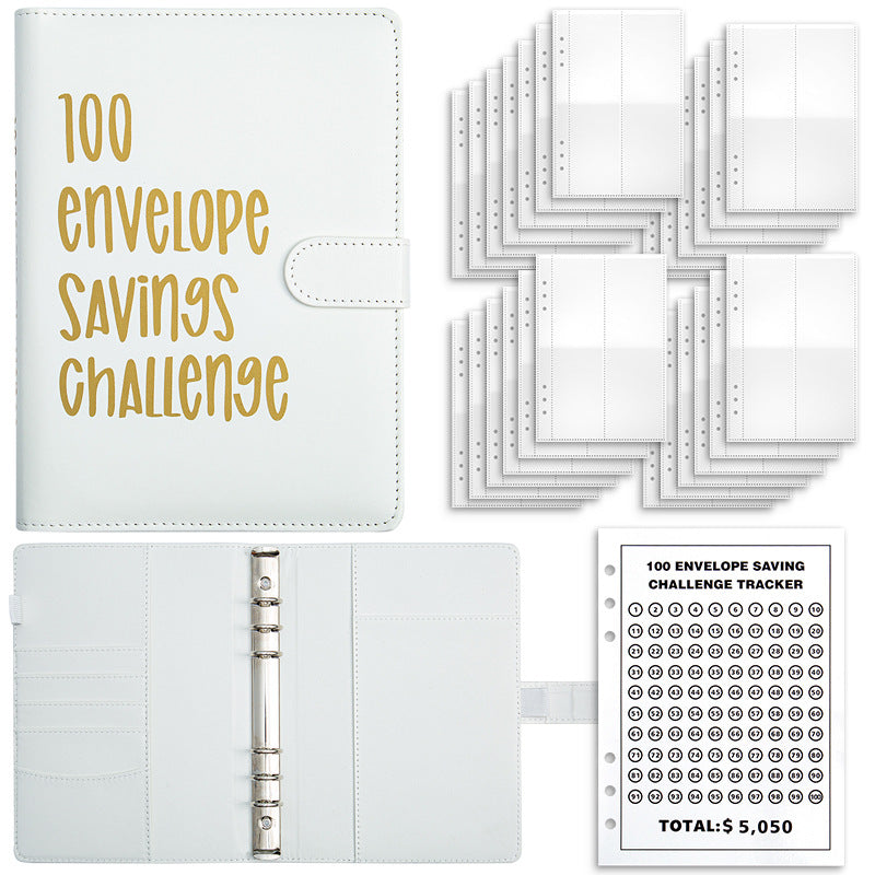 White 100 Day Savings Challenge Cash Binder With Tracker And Refillable Notebook