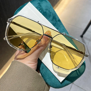 Transparent White And Yellow Tablets Unisex Oversized Aviator Metal Frame Sunglasses Retro Fashion Eyewear With Ac Lense