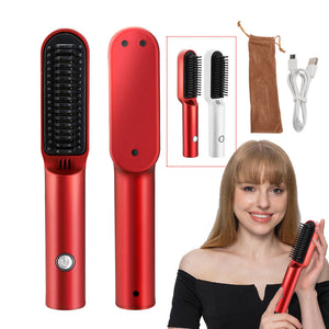 Red Wireless 2 In 1 Ceramic Hair Straightener & Curler Portable Travel Hot Comb Rechargeable Styling Tool