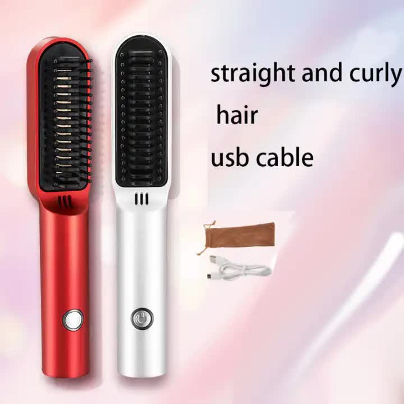 Red Wireless 2 In 1 Ceramic Hair Straightener & Curler Portable Travel Hot Comb Rechargeable Styling Tool