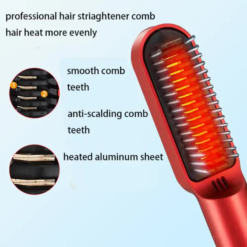 Red Wireless 2 In 1 Ceramic Hair Straightener & Curler Portable Travel Hot Comb Rechargeable Styling Tool