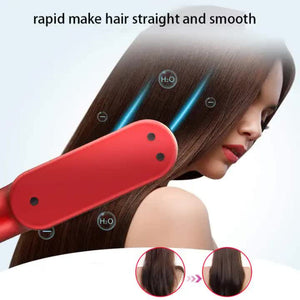 Red Wireless 2 In 1 Ceramic Hair Straightener & Curler Portable Travel Hot Comb Rechargeable Styling Tool