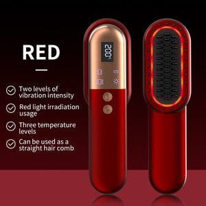 Red Mini Rechargeable Ionic Hair Straightening Comb | Portable Wireless Vibration Massage Brush For Frizz Free Smooth