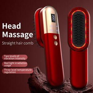 Red Mini Rechargeable Ionic Hair Straightening Comb | Portable Wireless Vibration Massage Brush For Frizz Free Smooth