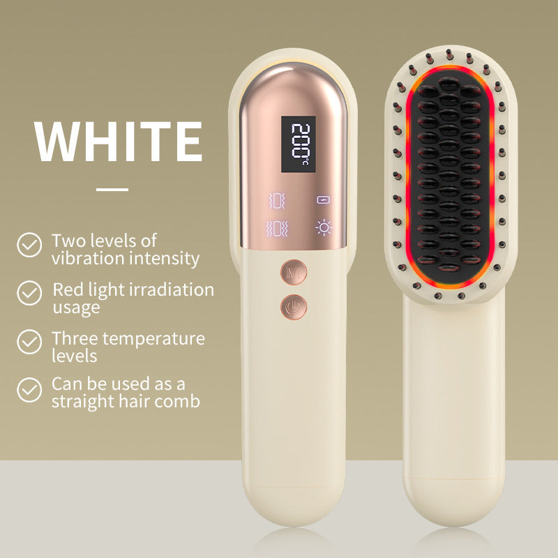 White Mini Rechargeable Ionic Hair Straightening Comb | Portable Wireless Vibration Massage Brush For Frizz Free Smooth