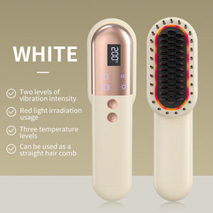 White Mini Rechargeable Ionic Hair Straightening Comb | Portable Wireless Vibration Massage Brush For Frizz Free Smooth