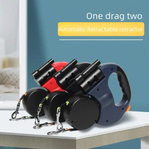 Black Dual Retractable Dog Leash 2 In 1 Automatic Pet For Walking Two Dogs Simultaneously