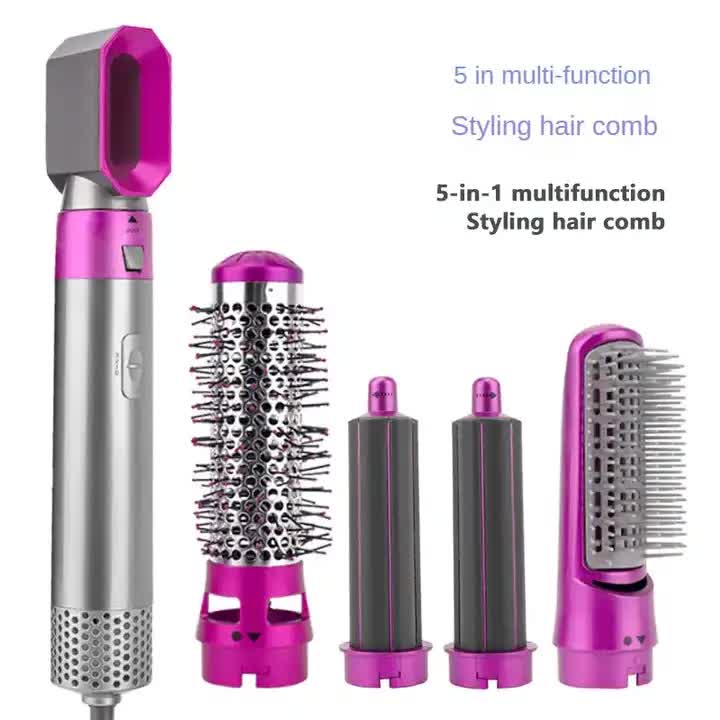 Rose Red 5 In 1 Hot Air Blow Dryer Brush Automatic Curling Iron Straightener & Volumizing Multi Function Hair Styling To