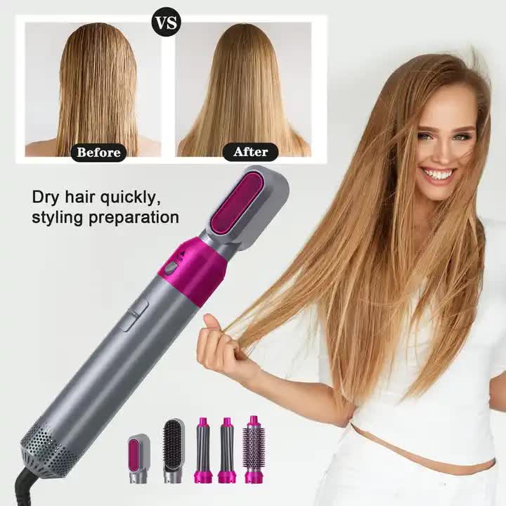 Rose Red 5 In 1 Hot Air Blow Dryer Brush Automatic Curling Iron Straightener & Volumizing Multi Function Hair Styling To