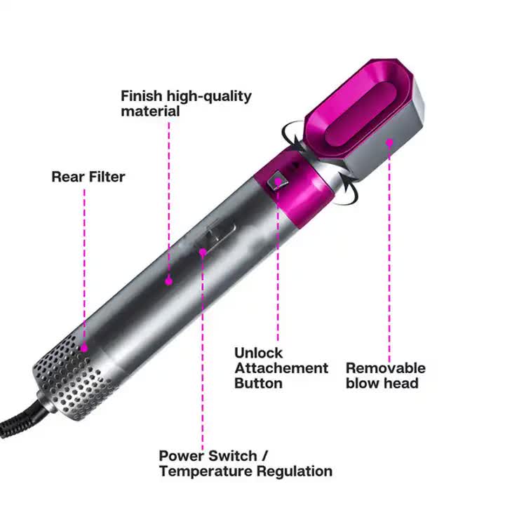 Rose Red 5 In 1 Hot Air Blow Dryer Brush Automatic Curling Iron Straightener & Volumizing Multi Function Hair Styling To