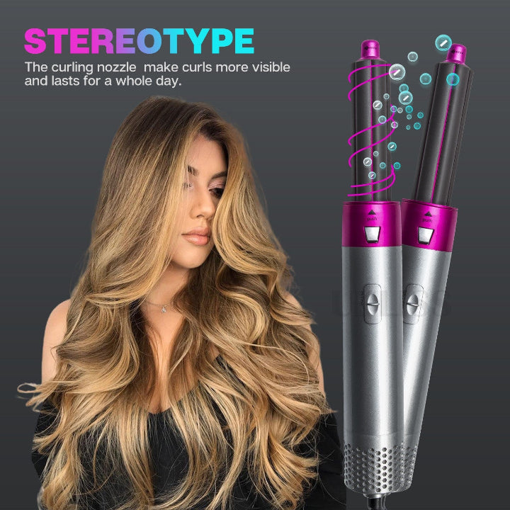 Rose Red 5 In 1 Hot Air Blow Dryer Brush Automatic Curling Iron Straightener & Volumizing Multi Function Hair Styling To