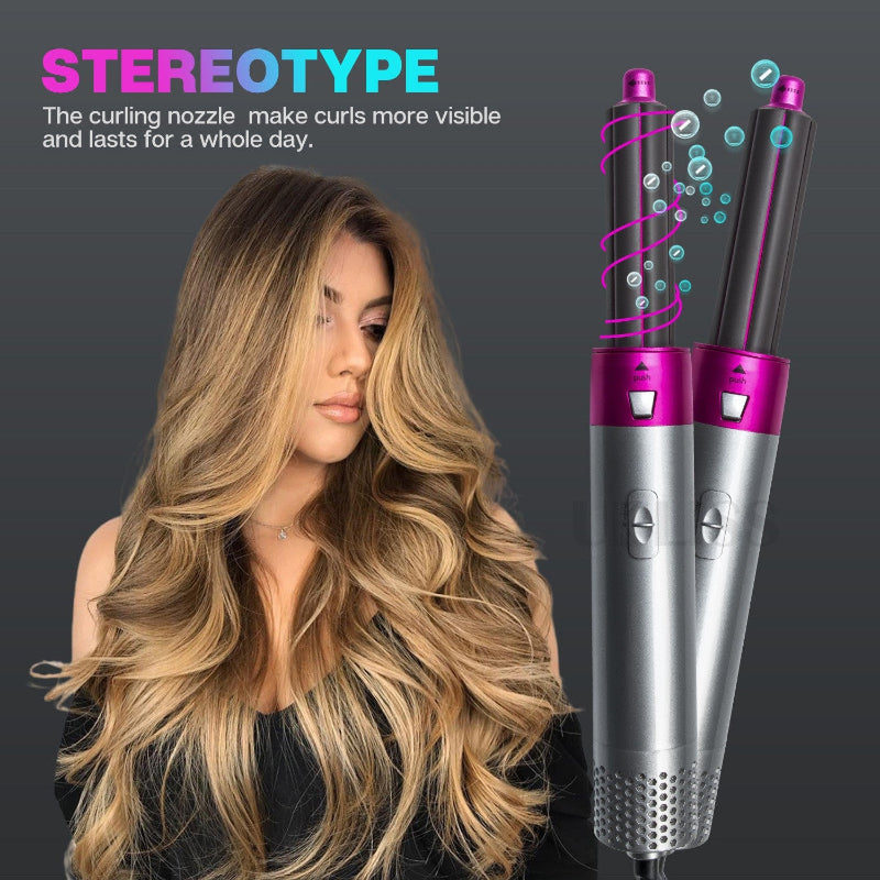 Black 5 In 1 Hot Air Blow Dryer Brush Automatic Curling Iron Straightener & Volumizing Multi Function Hair Styling Tool