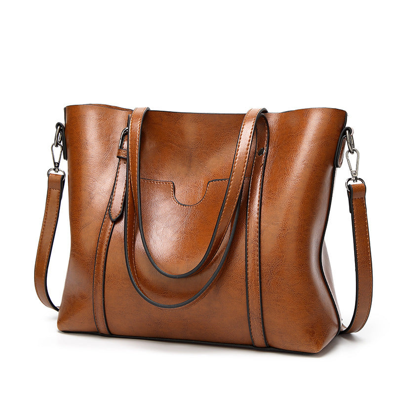 Brown Fashionable Soft Leather Women's Handbag Large Capacity Shoulder Crossbody Tote Casual Bucket Bag