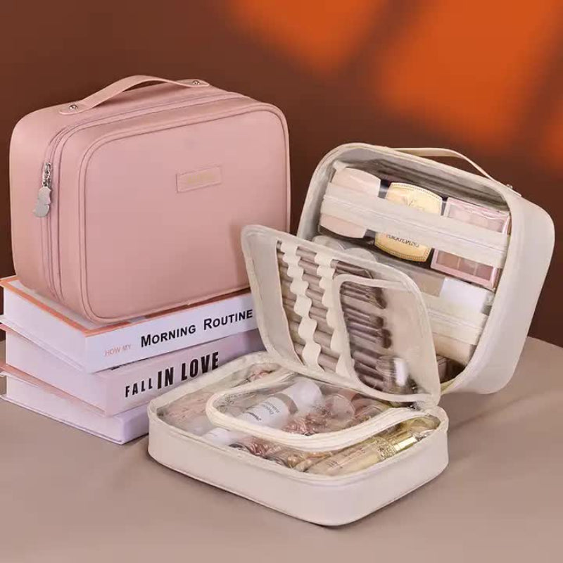 Pink 5 In 1 Multi Function Pu Makeup Organizer A Large Capacity Cosmetic Storage Bag With Dividers Portable And Premium