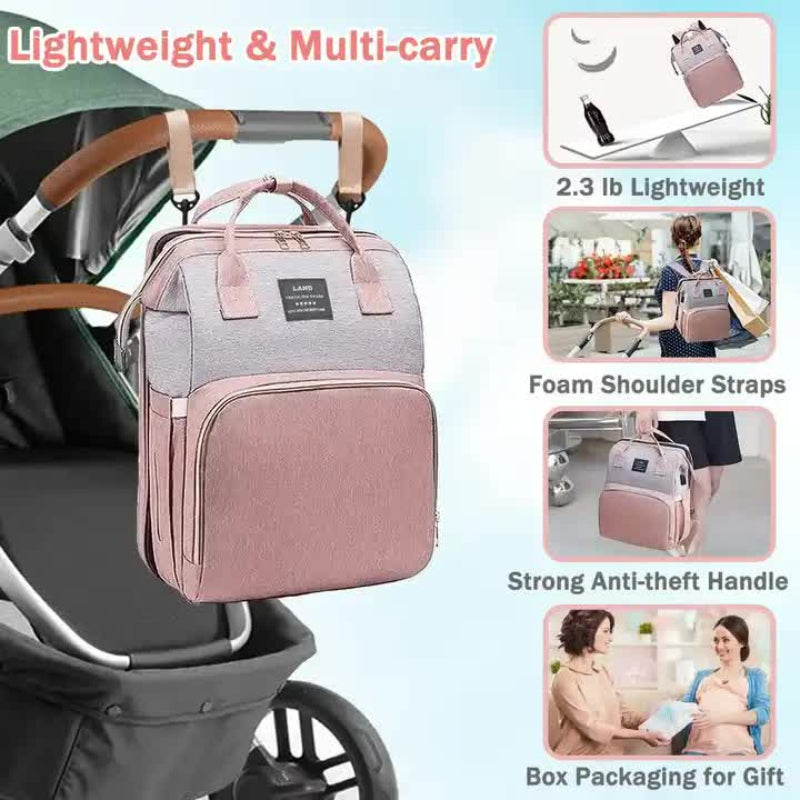 Grey Portable Mommy Bag With Baby Crib Multi Function Diaper Backpack Lightweight And Large Capacity For Moms