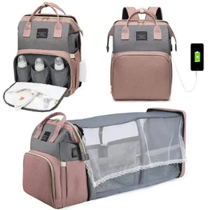 Grey Portable Mommy Bag With Baby Crib Multi Function Diaper Backpack Lightweight And Large Capacity For Moms