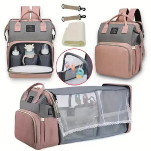 Grey Portable Mommy Bag With Baby Crib Multi Function Diaper Backpack Lightweight And Large Capacity For Moms