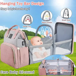 Grey Portable Mommy Bag With Baby Crib Multi Function Diaper Backpack Lightweight And Large Capacity For Moms