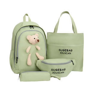 Checked Green Cute Little Bear Girls' Backpack Set Korean Style Large Capacity School Bag For High & Middle Students 4 P